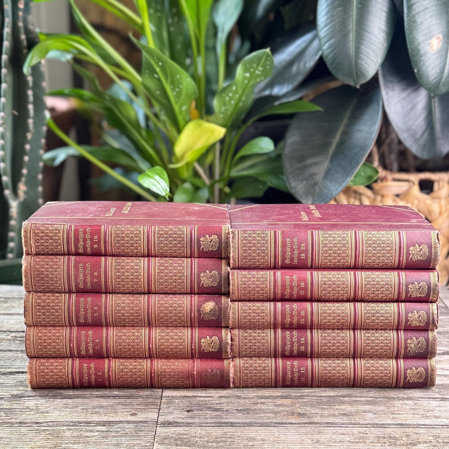 Antique Crimson Gilt European Leather Books, 1900s Shelf Decor