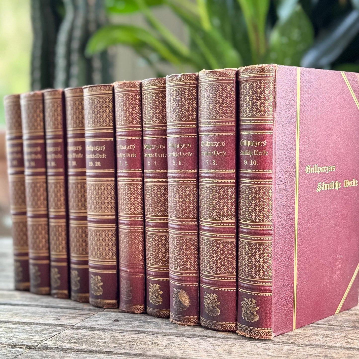 Antique Crimson Gilt European Leather Books, 1900s Shelf Decor
