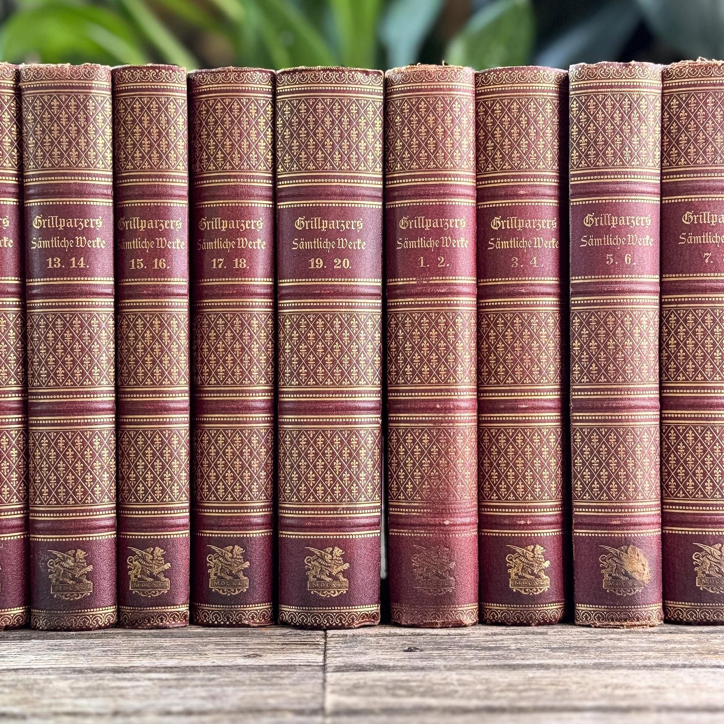 Antique Crimson Gilt European Leather Books, 1900s Shelf Decor