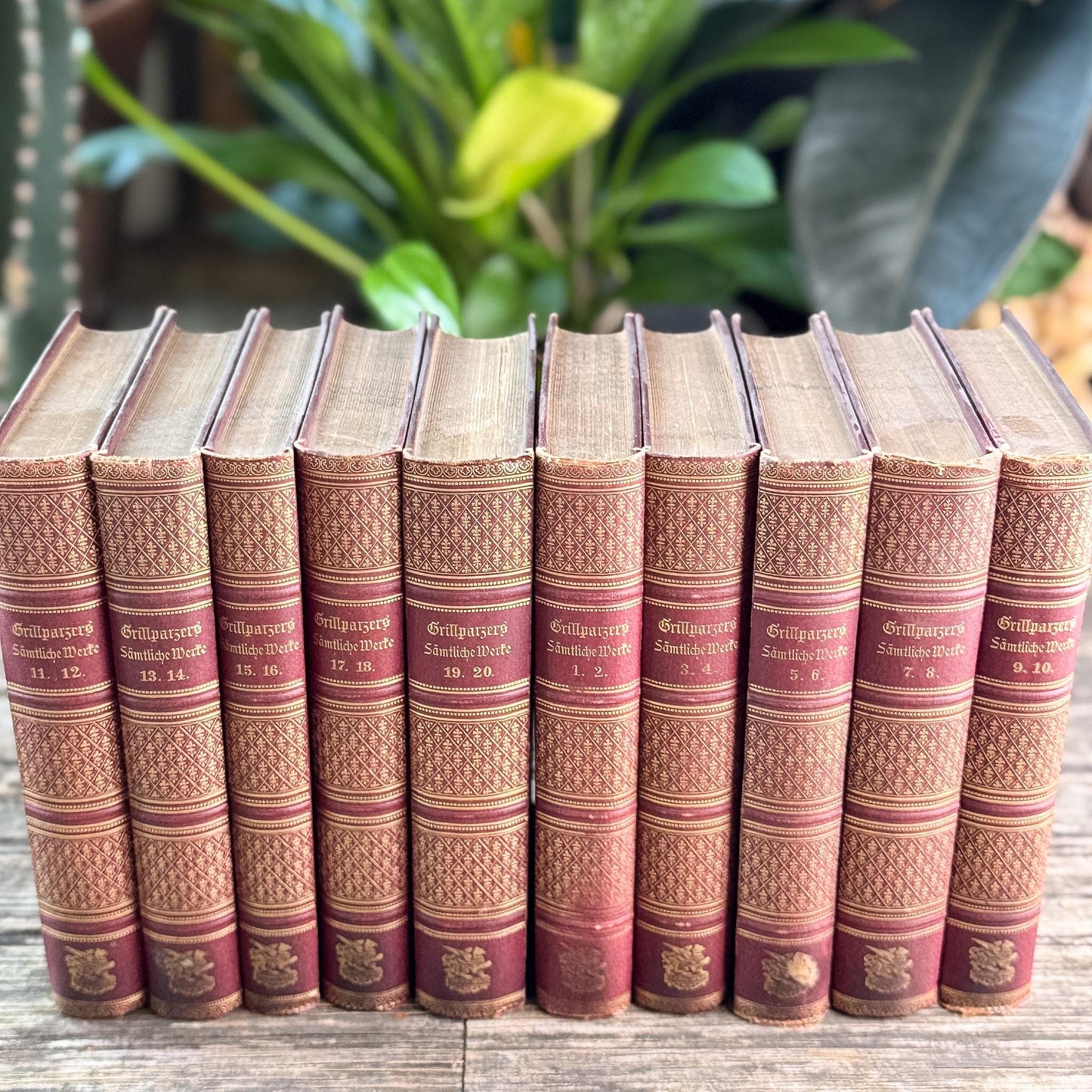 Antique Crimson Gilt European Leather Books, 1900s Shelf Decor