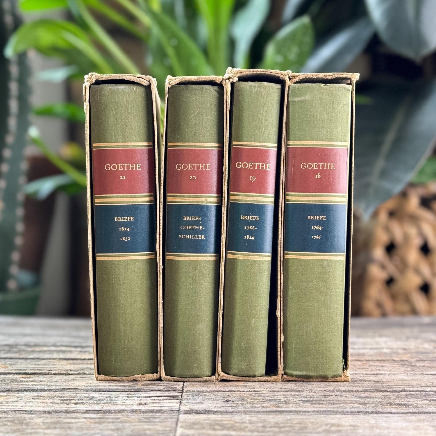 Antique European Library Set 4 Volumes, Green Cloth Slipcases, Goethe Letters