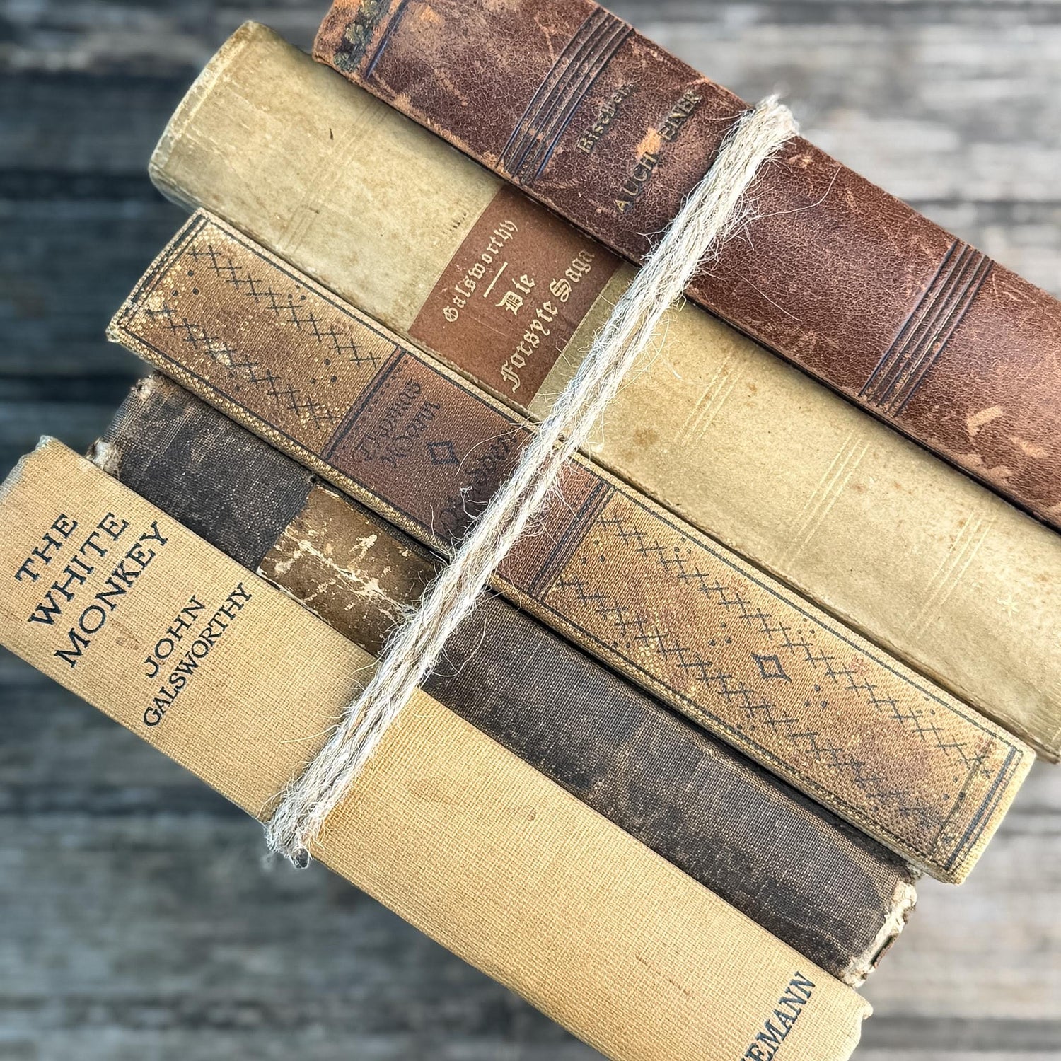 Antique Neutral Beige and Brown Linen and Leather Book Bundle
