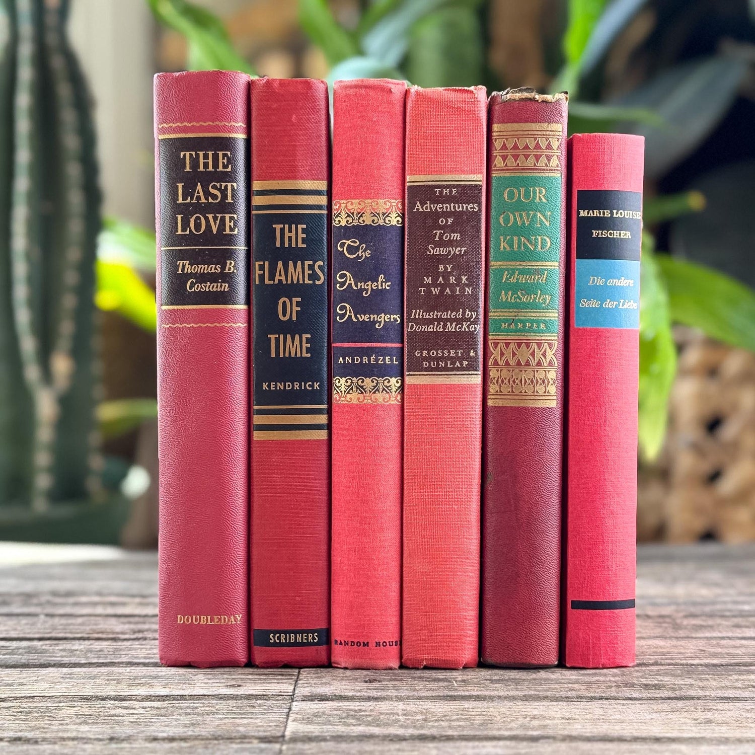 Vintage Mid-Century Red and Pink Book Bundle With Decorative Box Spine Details