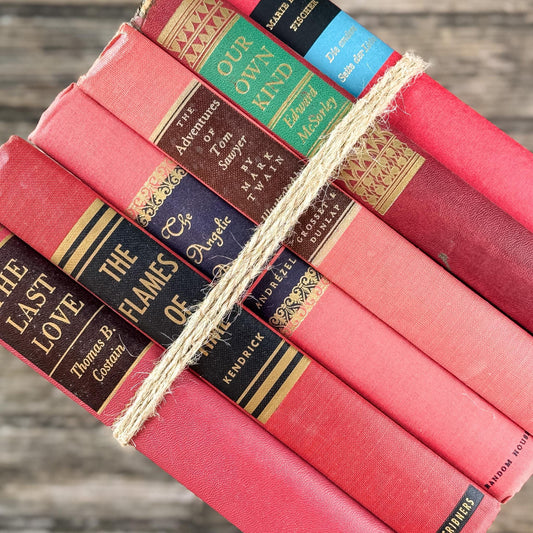 Vintage Mid-Century Red and Pink Book Bundle With Decorative Box Spine Details