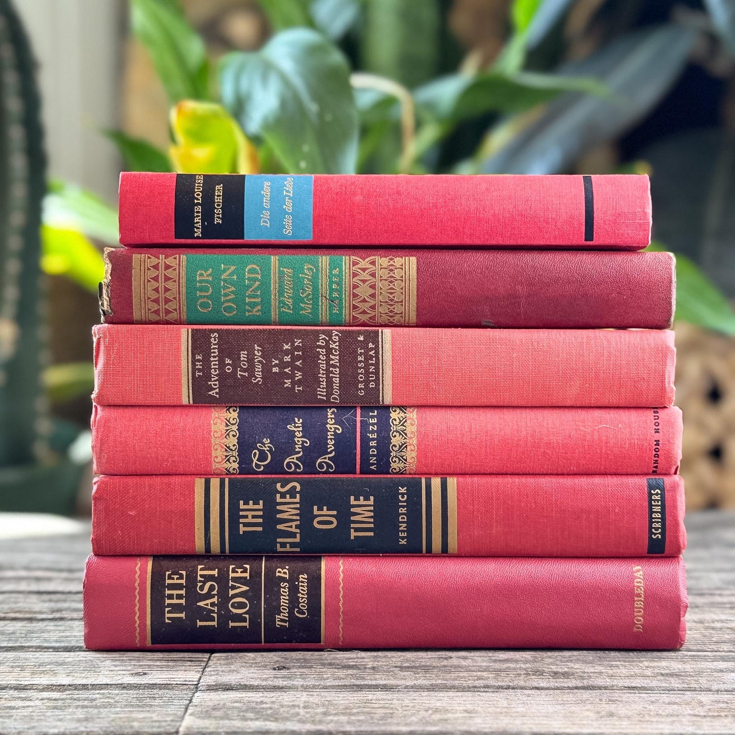 Vintage Mid-Century Red and Pink Book Bundle With Decorative Box Spine Details