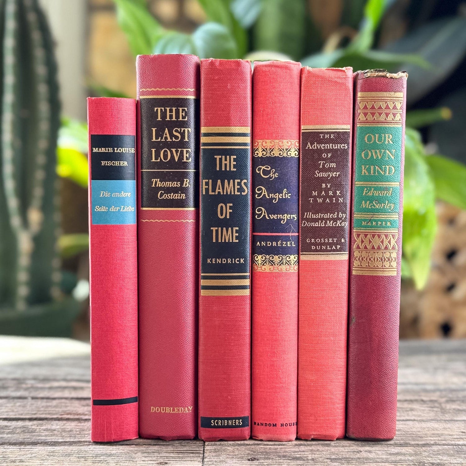 Vintage Mid-Century Red and Pink Book Bundle With Decorative Box Spine Details