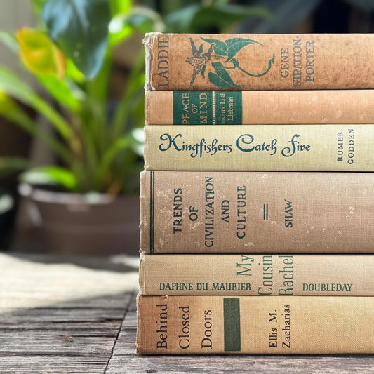 Vintage Beige & Neutral Book Bundle with Green Accents