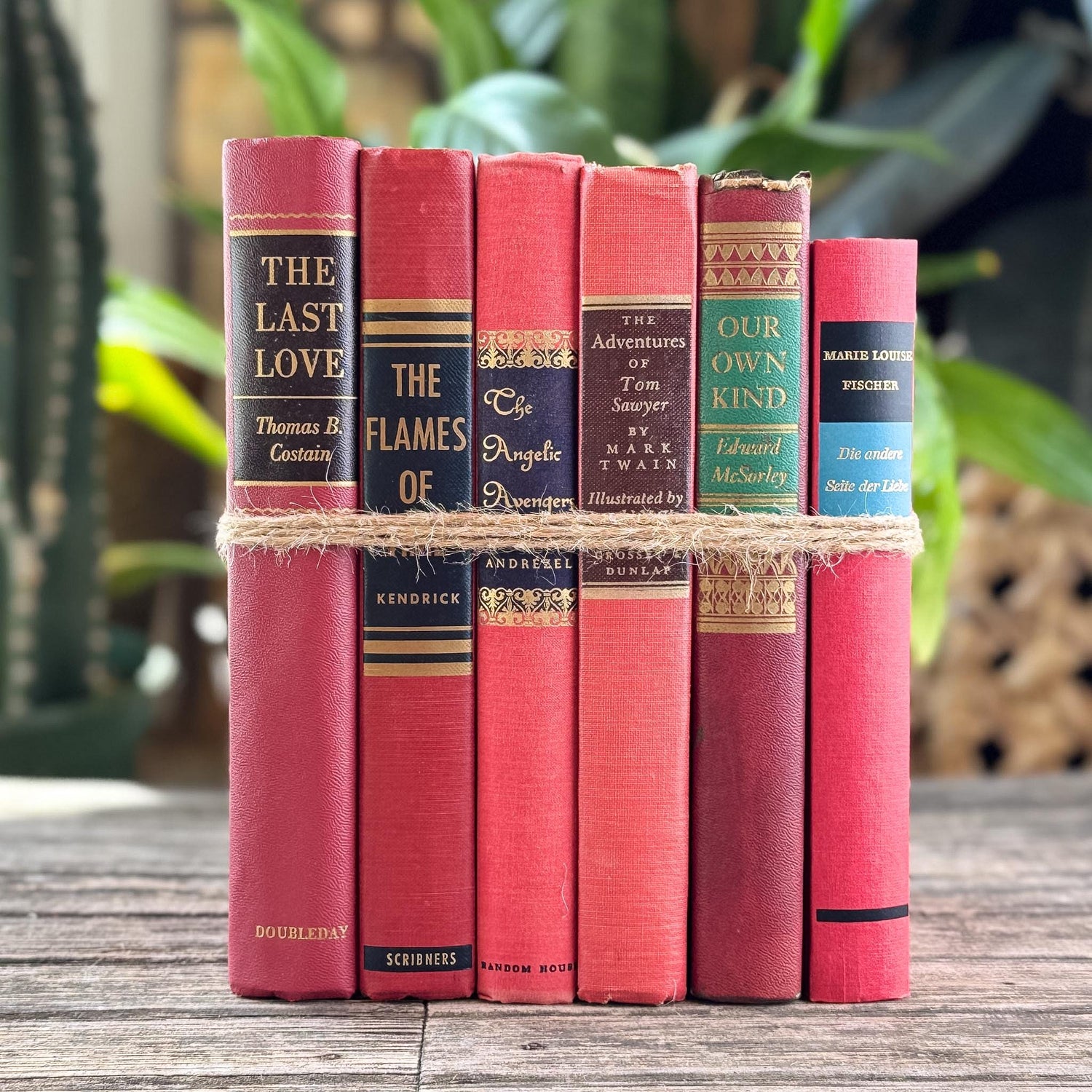 Vintage Mid-Century Red and Pink Book Bundle With Decorative Box Spine Details