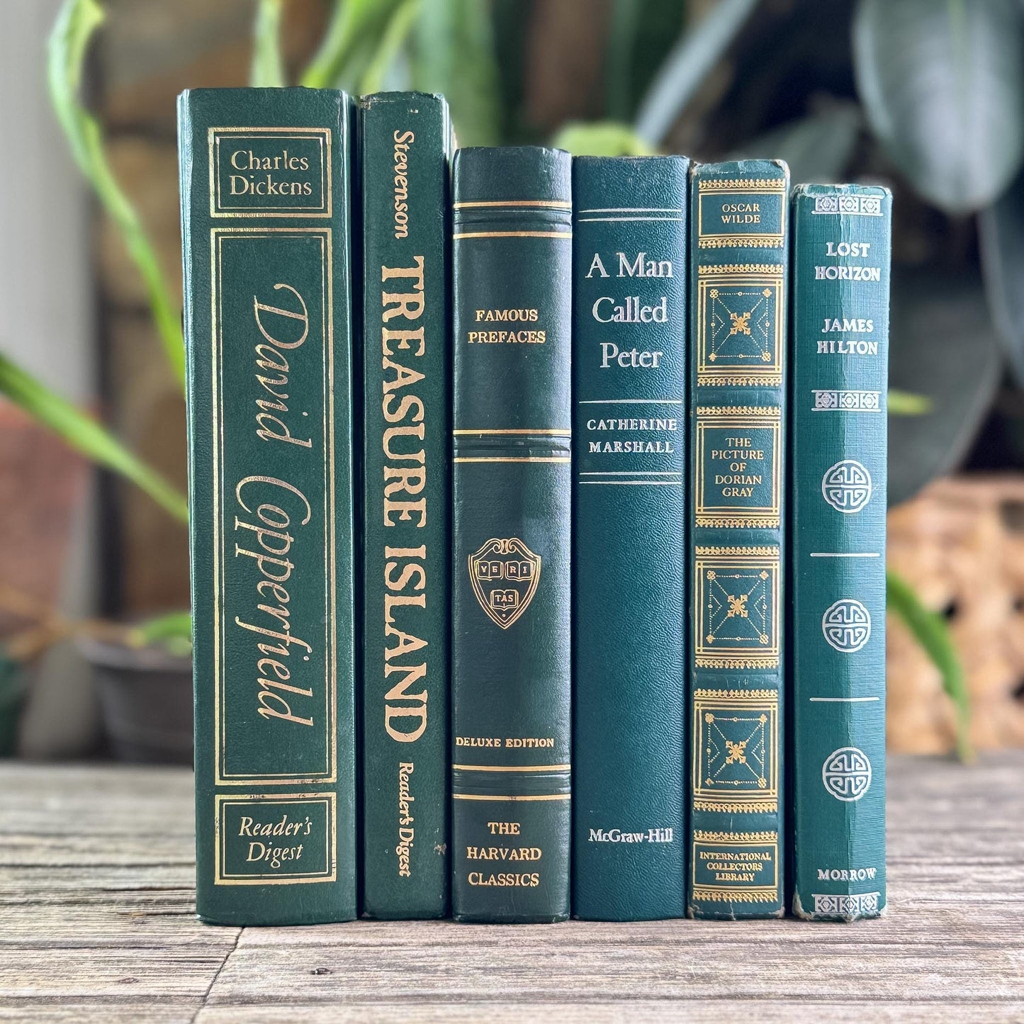 Forest Green & Gold Antique Book Set – Timeless Styling with Literary Heritage
