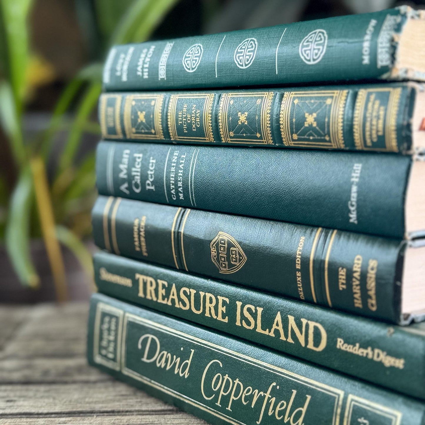 Forest Green & Gold Antique Book Set – Timeless Styling with Literary Heritage