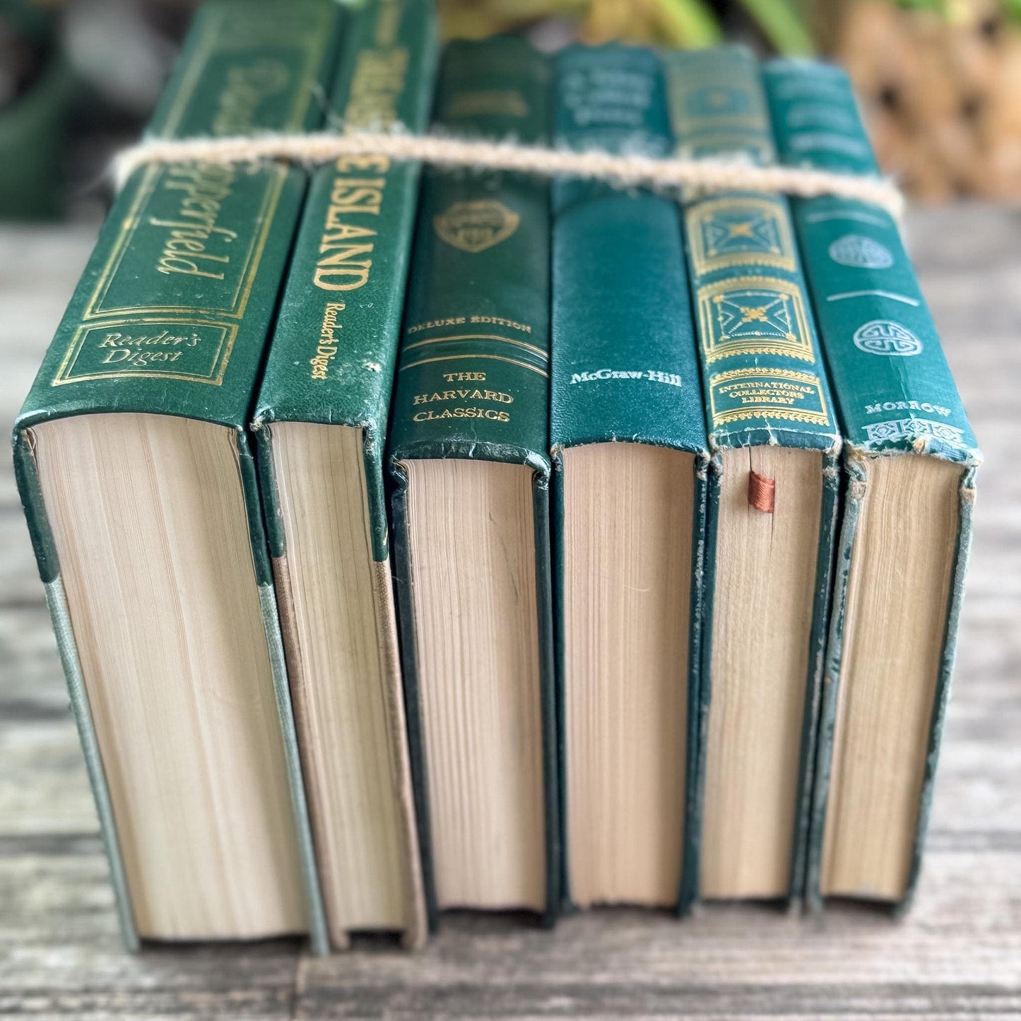 Forest Green & Gold Antique Book Set – Timeless Styling with Literary Heritage