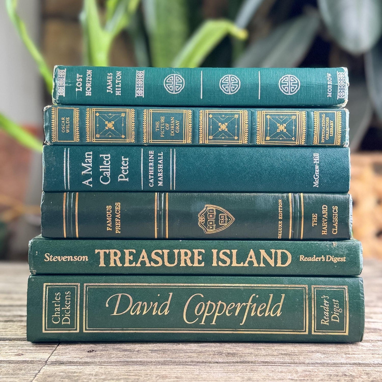 Forest Green & Gold Antique Book Set – Timeless Styling with Literary Heritage
