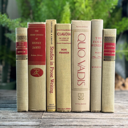 Mid-Century Beige and Red Book Collection, Classics Club, Vintage Books