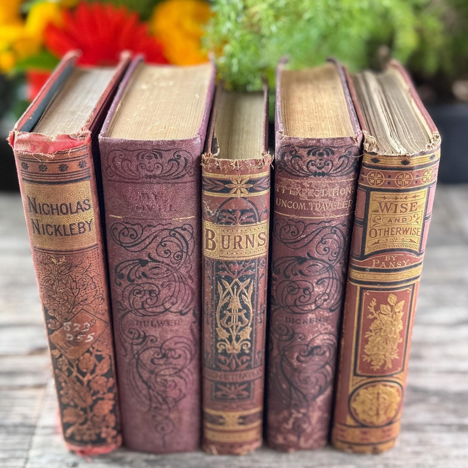 Antique Ornate Red Shabby Distressed Decorative Book Set