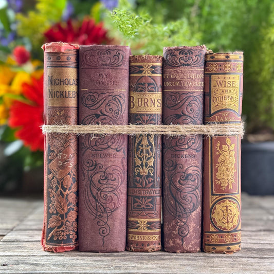Antique Ornate Red Shabby Distressed Decorative Book Set