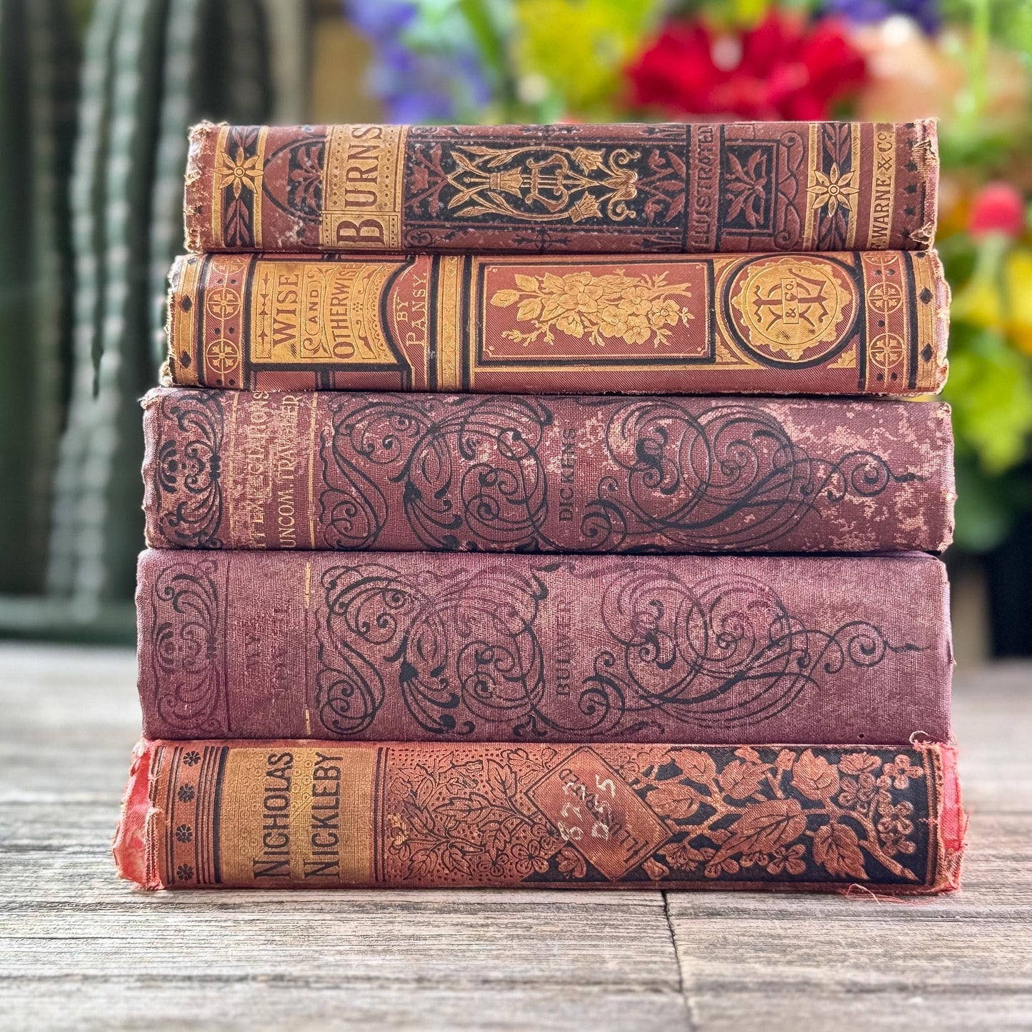 Antique Ornate Red Shabby Distressed Decorative Book Set