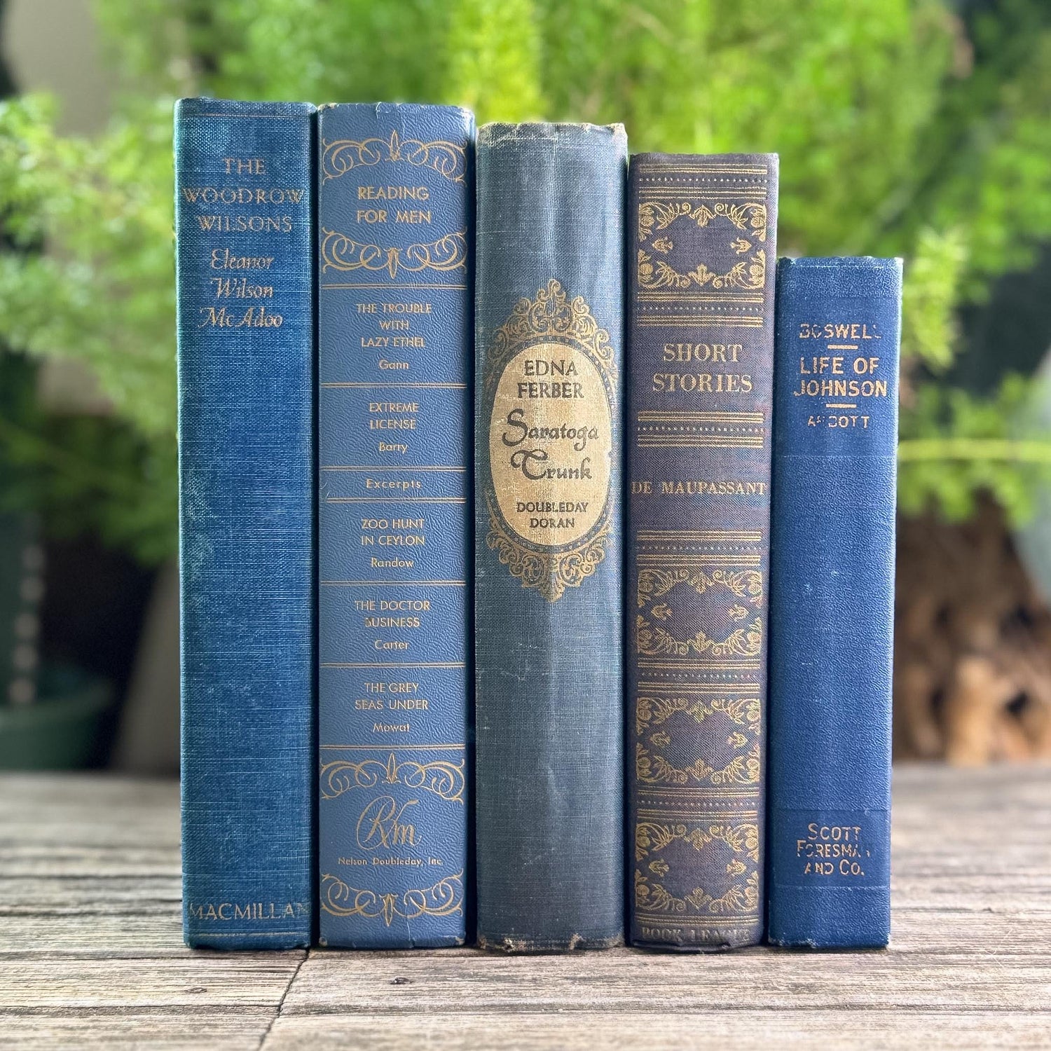 Ornate Blue and Gold Vintage Book Set for Moody Shelf Styling