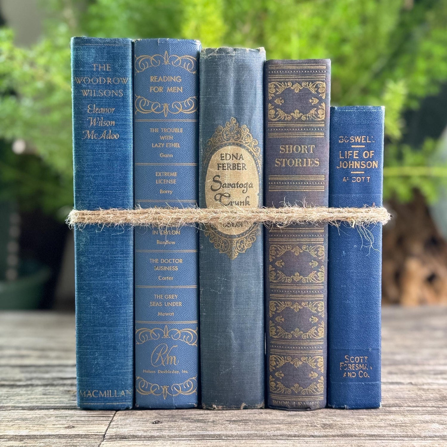 Ornate Blue and Gold Vintage Book Set for Moody Shelf Styling