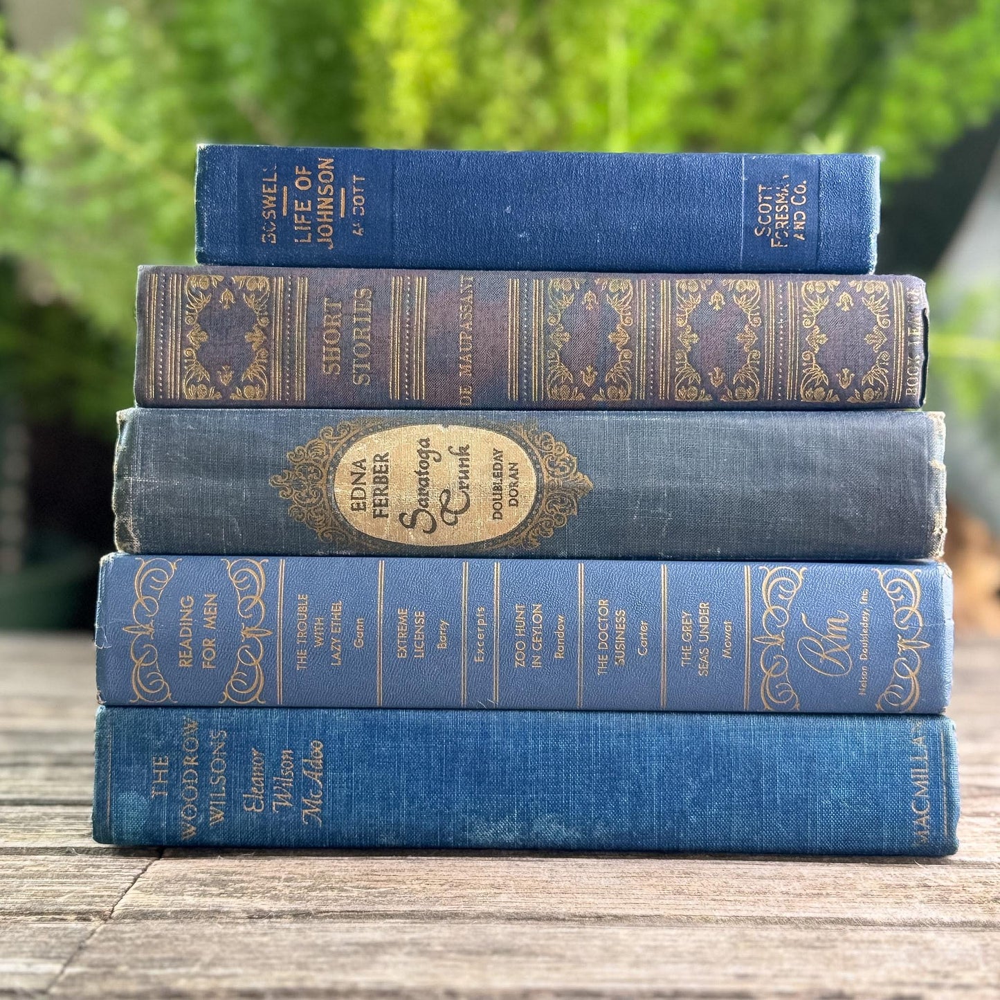 Ornate Blue and Gold Vintage Book Set for Moody Shelf Styling