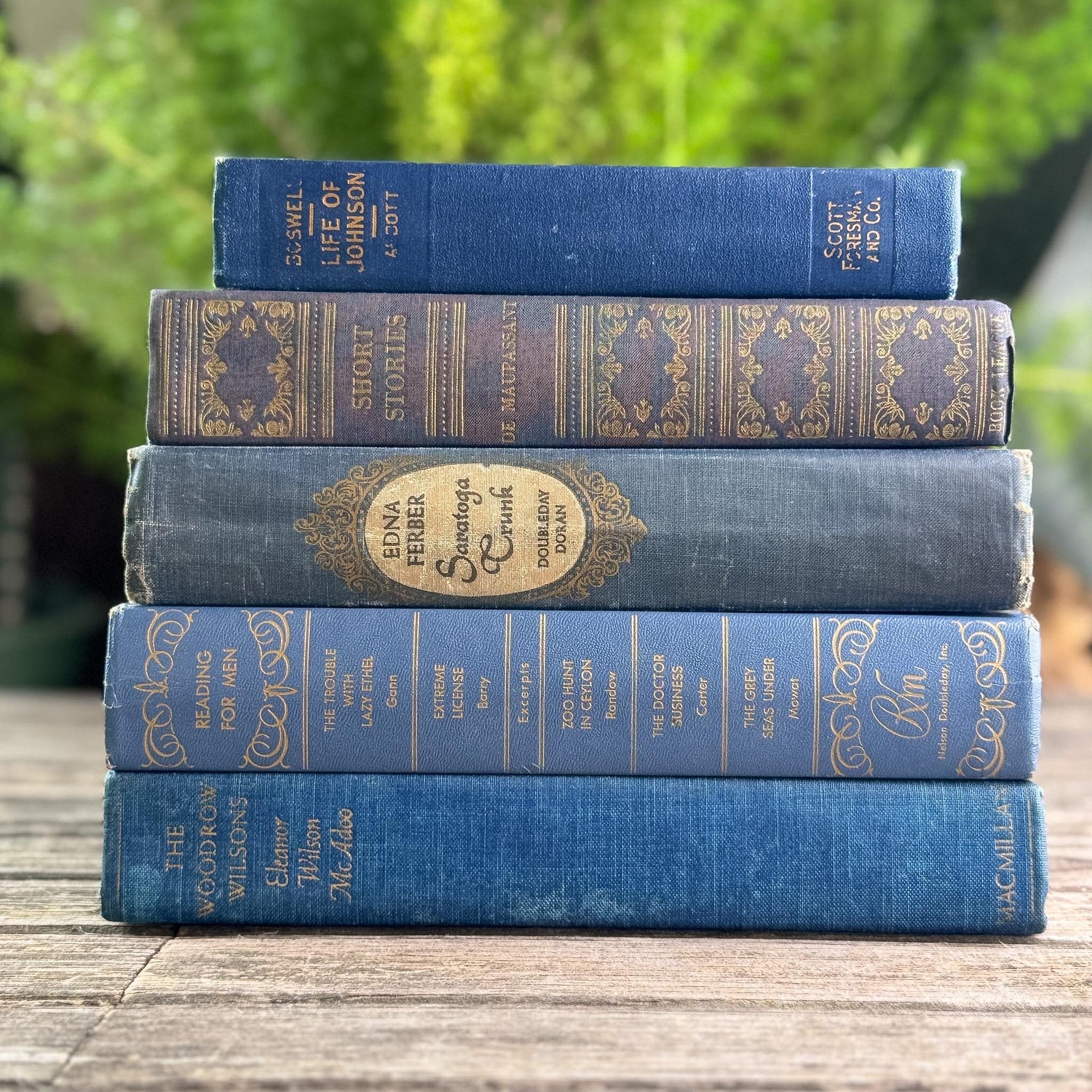 Ornate Blue and Gold Vintage Book Set for Moody Shelf Styling