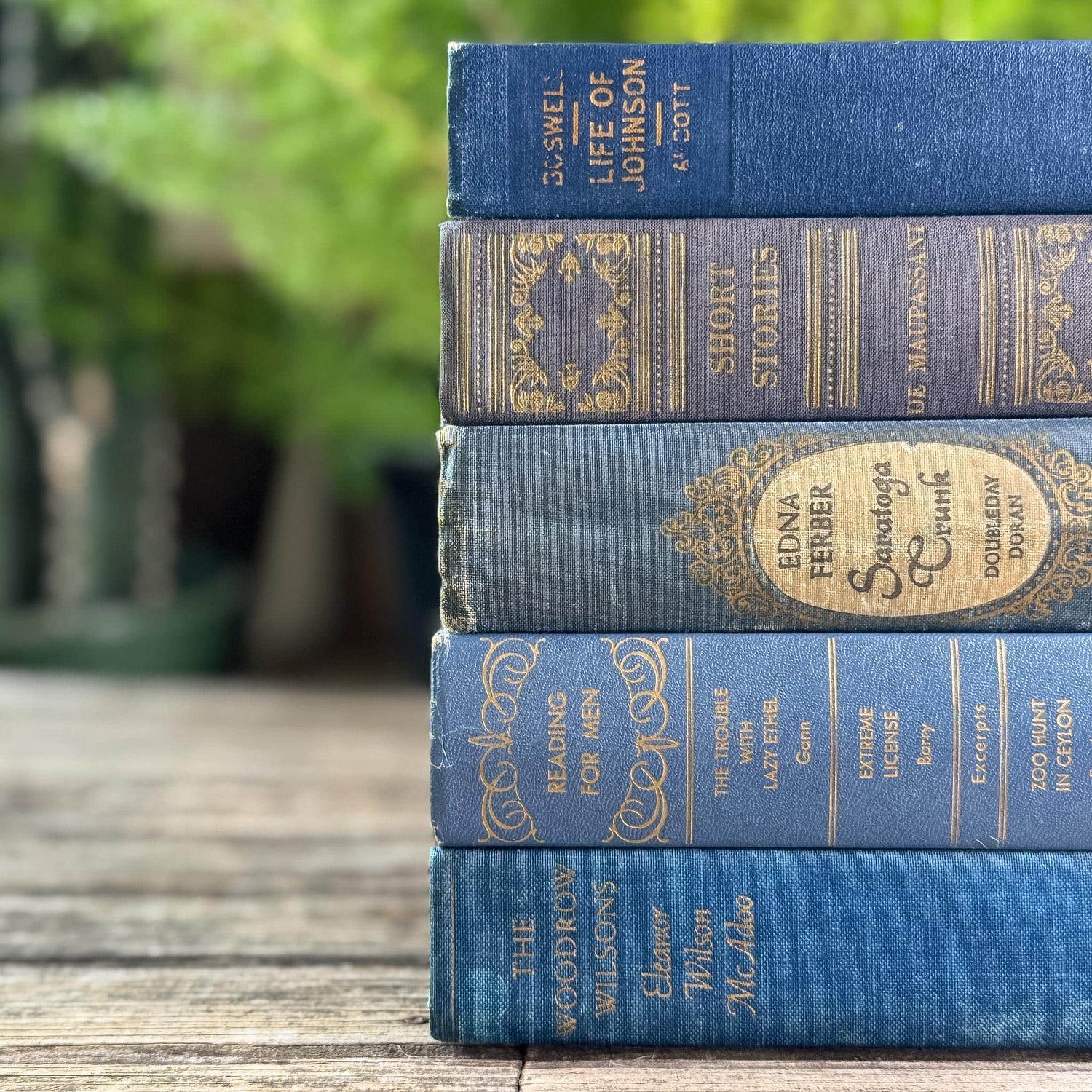 Ornate Blue and Gold Vintage Book Set for Moody Shelf Styling