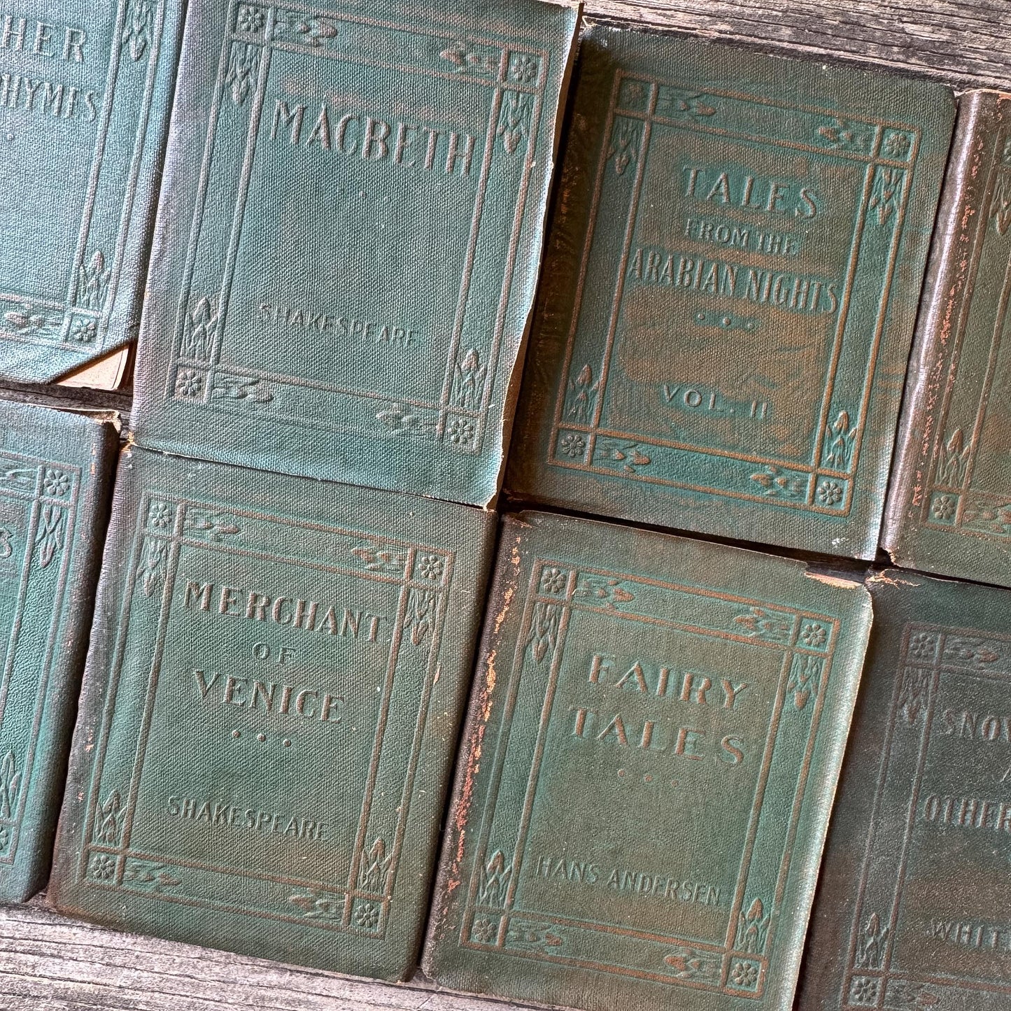 Tiny Antique Green Little Leather Library Books