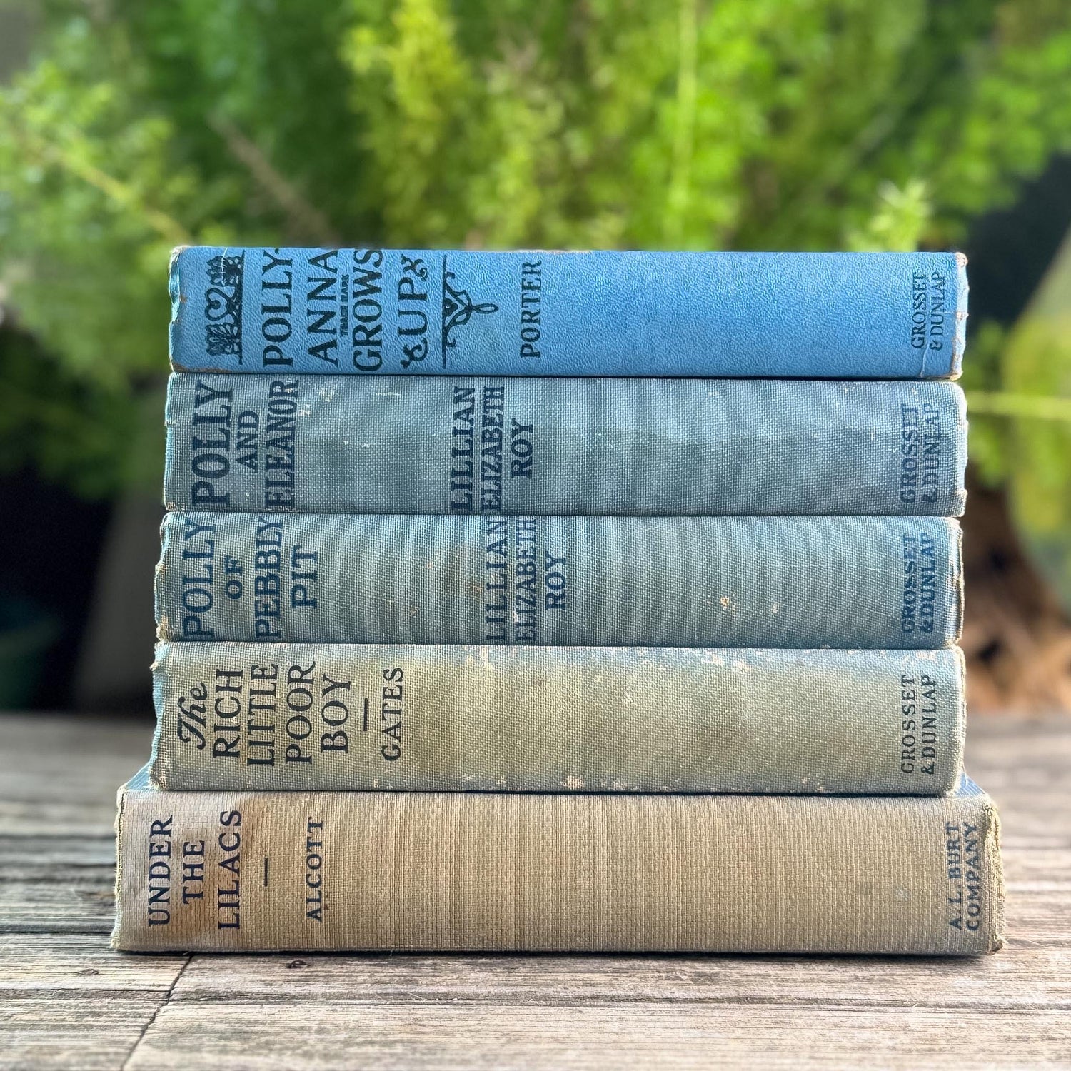Children's Faded Blue Vintage Book Bundle with Under the Lilacs, Polly Books, and Pollyanna
