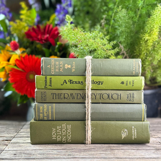 Olive Green Vintage Book Set for Shelf Styling