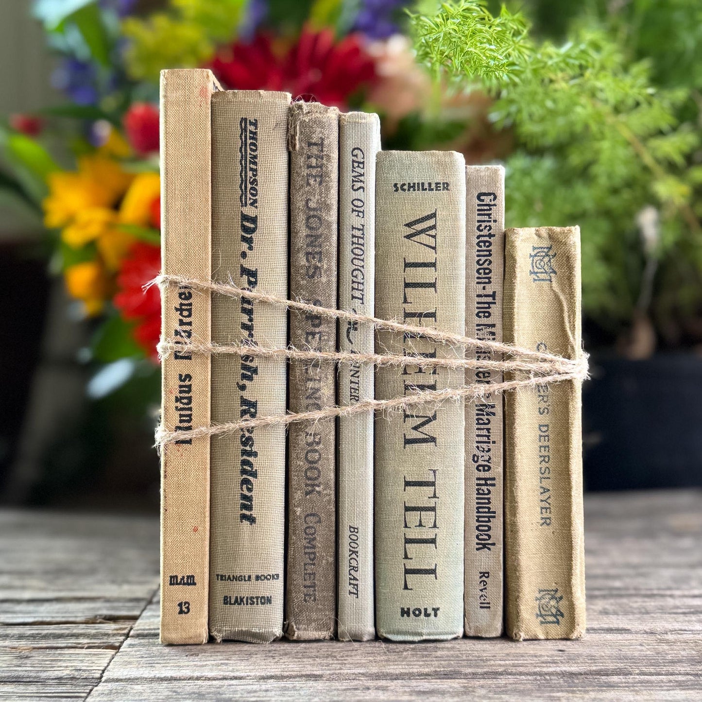 Shabby Old Neutral Beige and Black Small Books Bundled for Cozy Shelf Styling