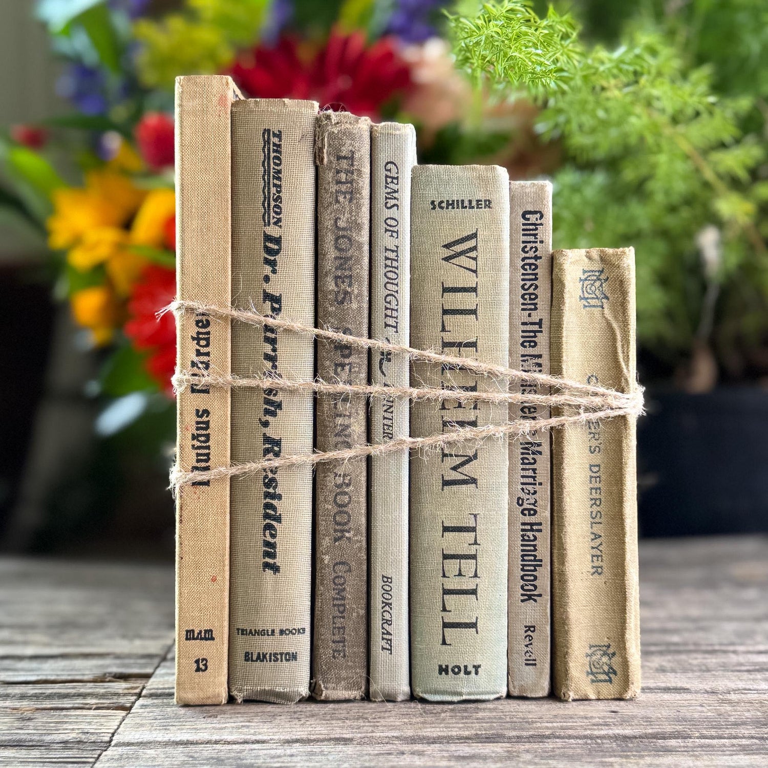 Shabby Old Neutral Beige and Black Small Books Bundled for Cozy Shelf Styling