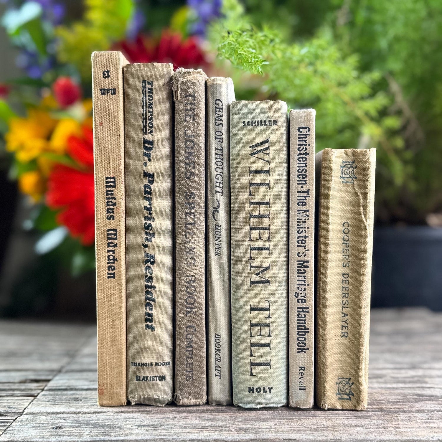 Shabby Old Neutral Beige and Black Small Books Bundled for Cozy Shelf Styling