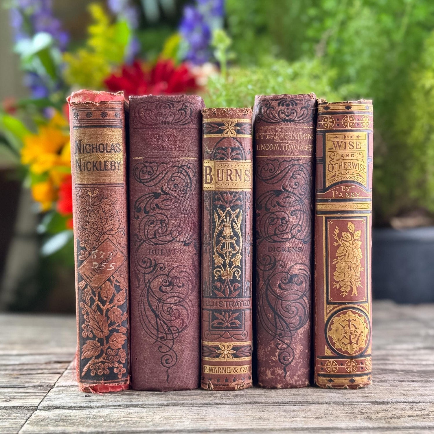 Antique Ornate Red Shabby Distressed Decorative Book Set