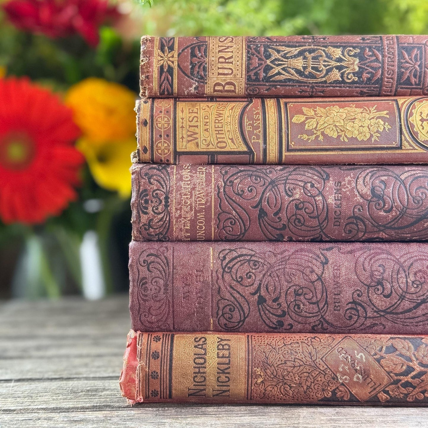 Antique Ornate Red Shabby Distressed Decorative Book Set