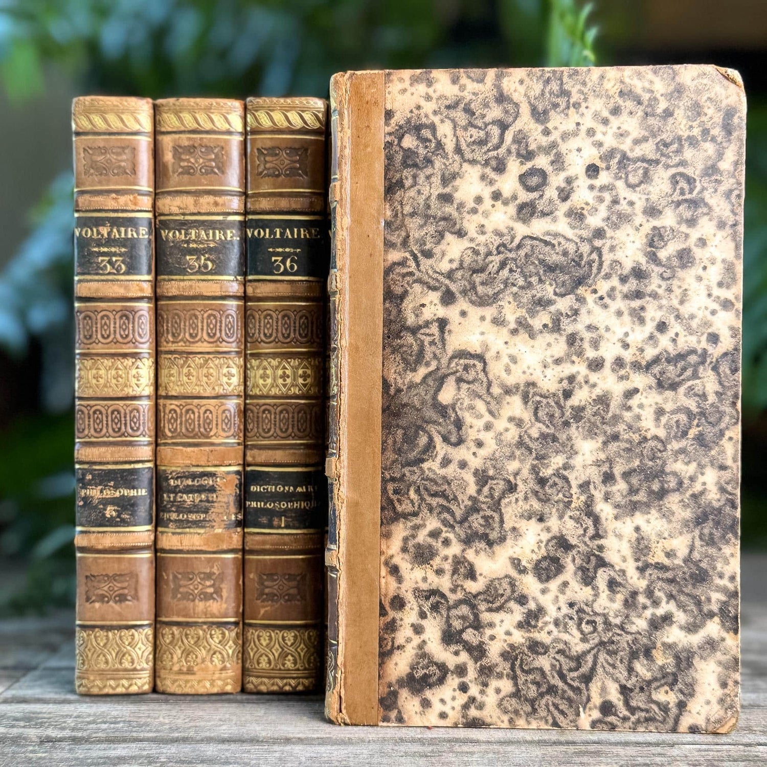 Antique Leather-Bound Voltaire Books in French, 1825, Gold Black and Brown