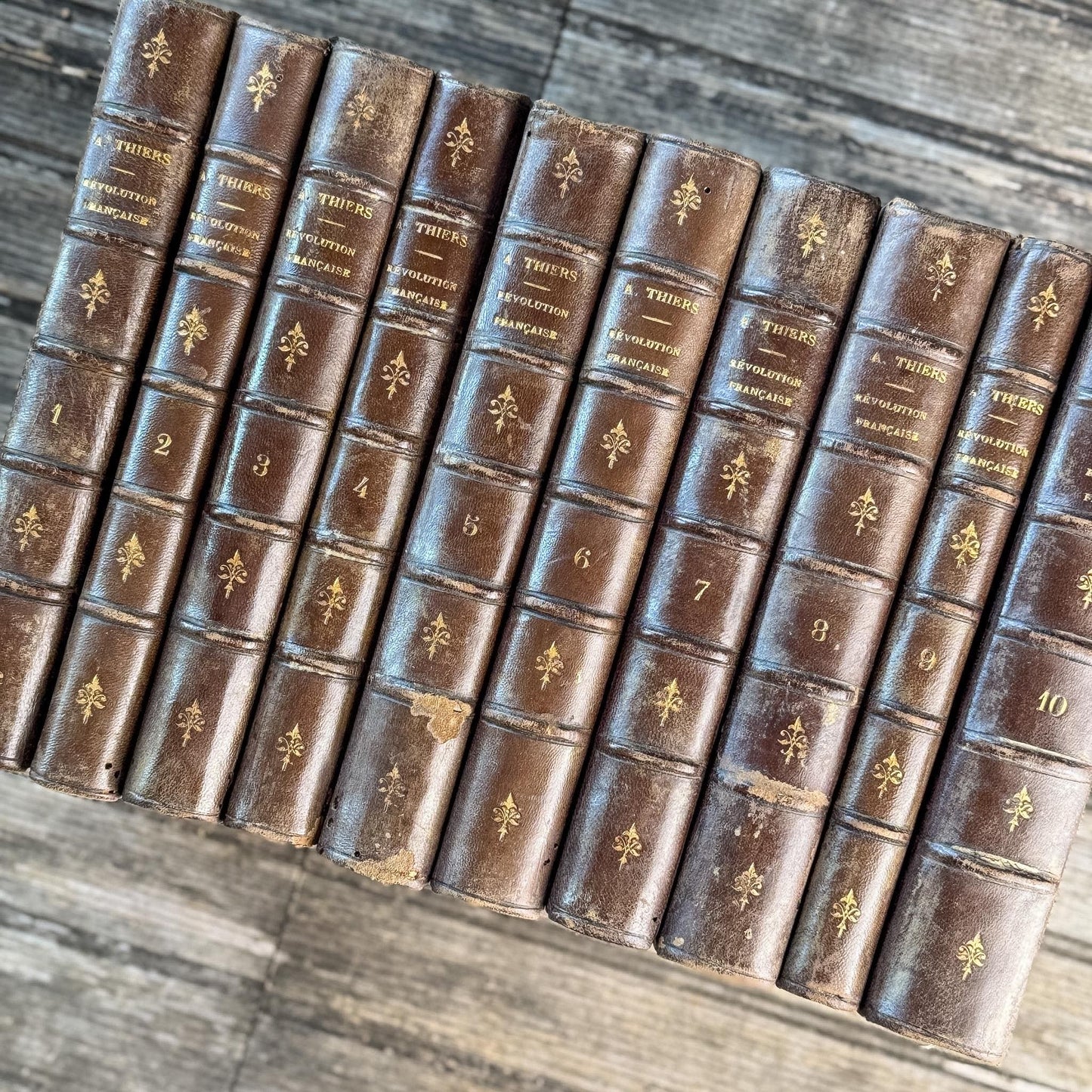 Antique French Leather Book Set, Thiers Histoire de la Révolution Française, 1834, 10 Volumes