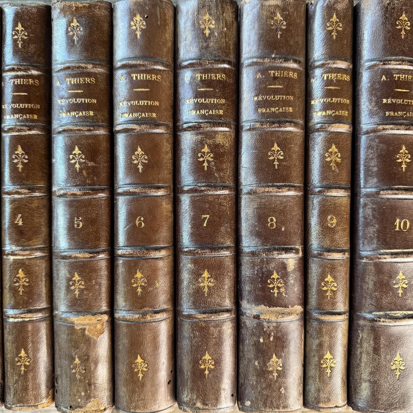 Antique French Leather Book Set, Thiers Histoire de la Révolution Française, 1834, 10 Volumes