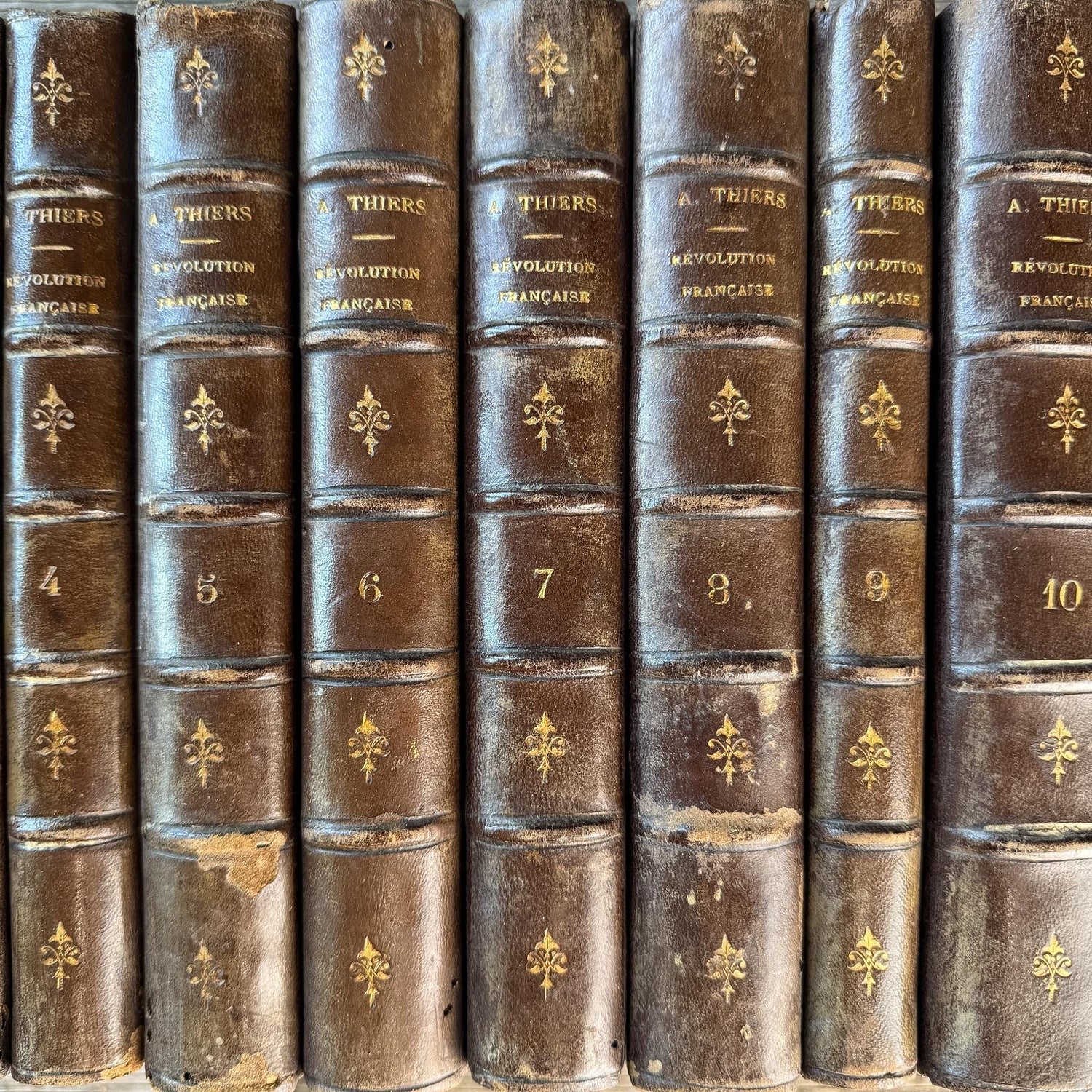 Antique French Leather Book Set, Thiers Histoire de la Révolution Française, 1834, 10 Volumes