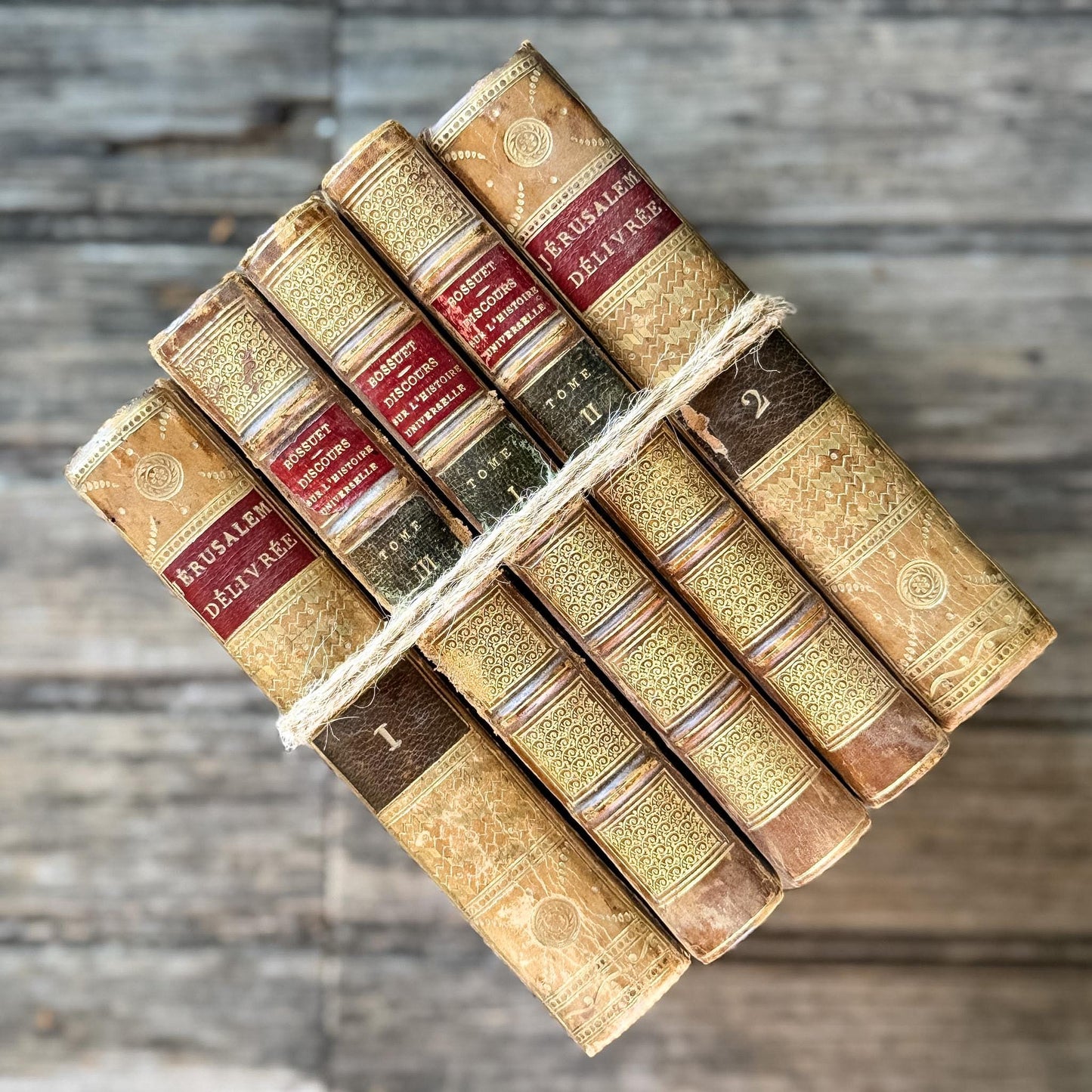 Small Gold Antique French Book Set - Jérusalem Délivrée & Bossuet, 5 Volumes