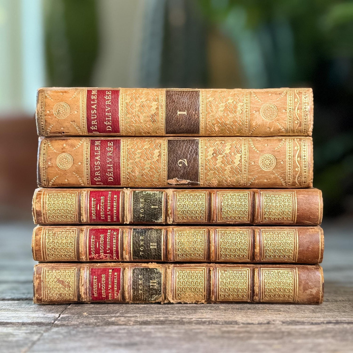 Small Gold Antique French Book Set - Jérusalem Délivrée & Bossuet, 5 Volumes