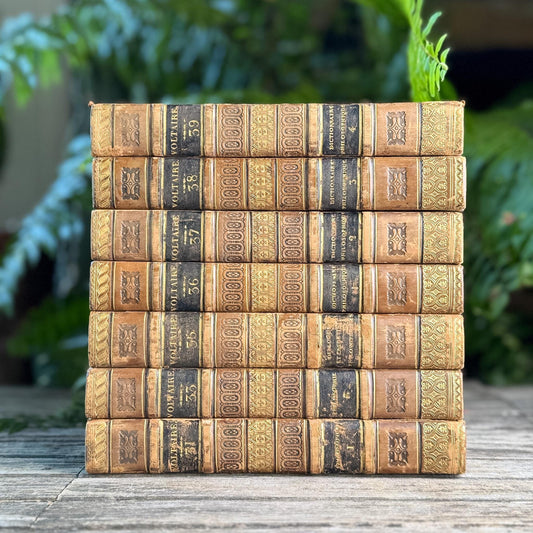 Antique Leather-Bound Voltaire Books in French, 1825, Gold Black and Brown