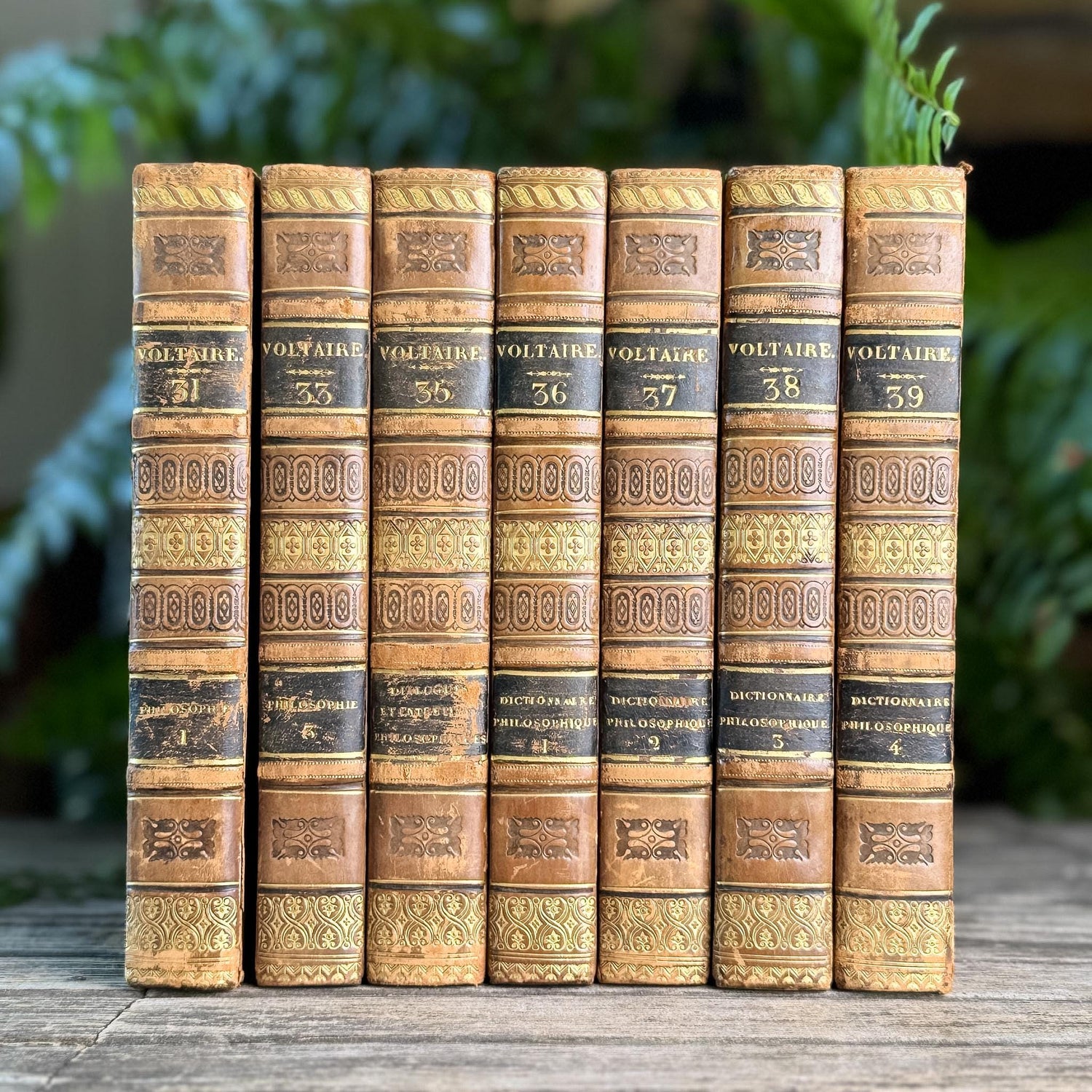 Antique Leather-Bound Voltaire Books in French, 1825, Gold Black and Brown