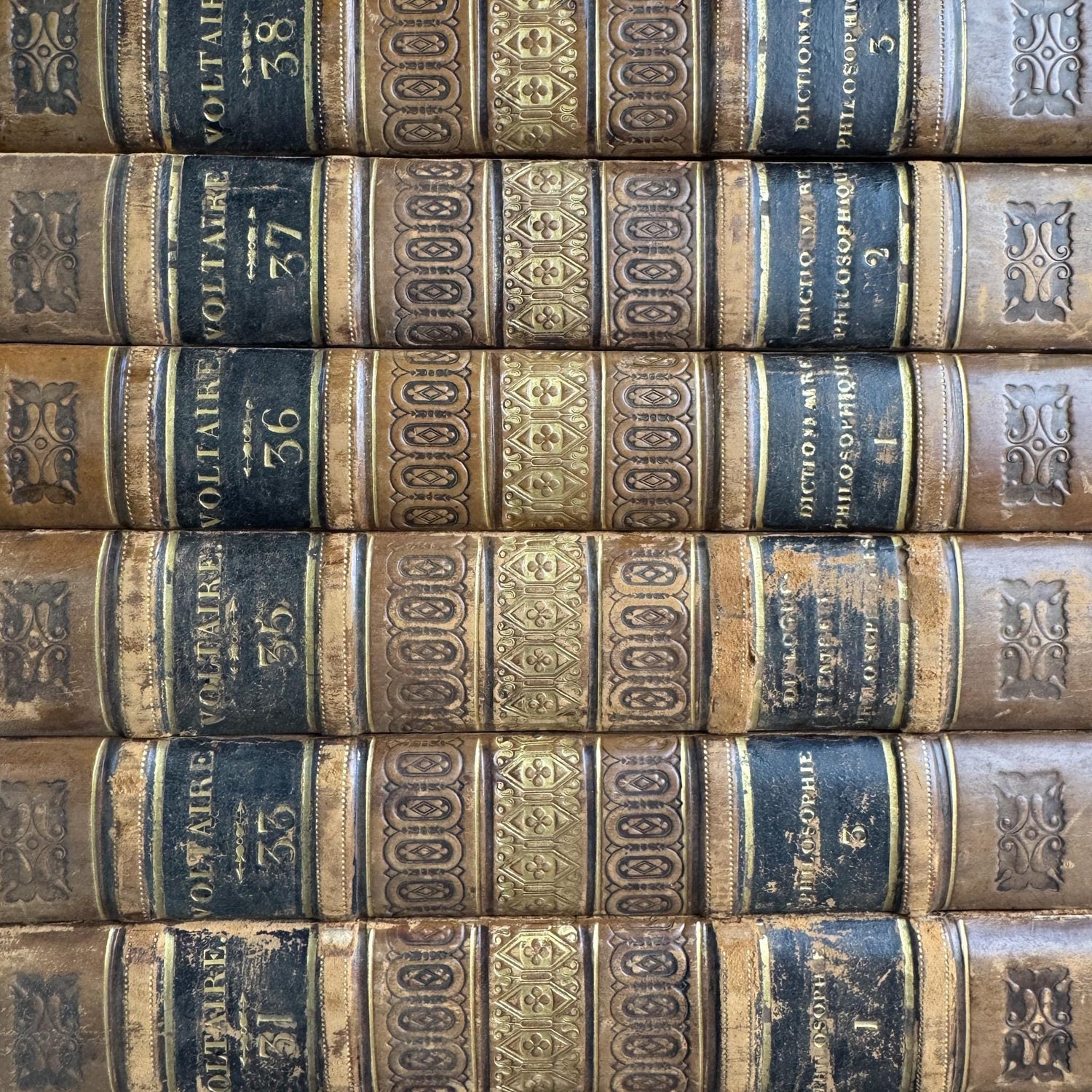 Antique Leather-Bound Voltaire Books in French, 1825, Gold Black and Brown