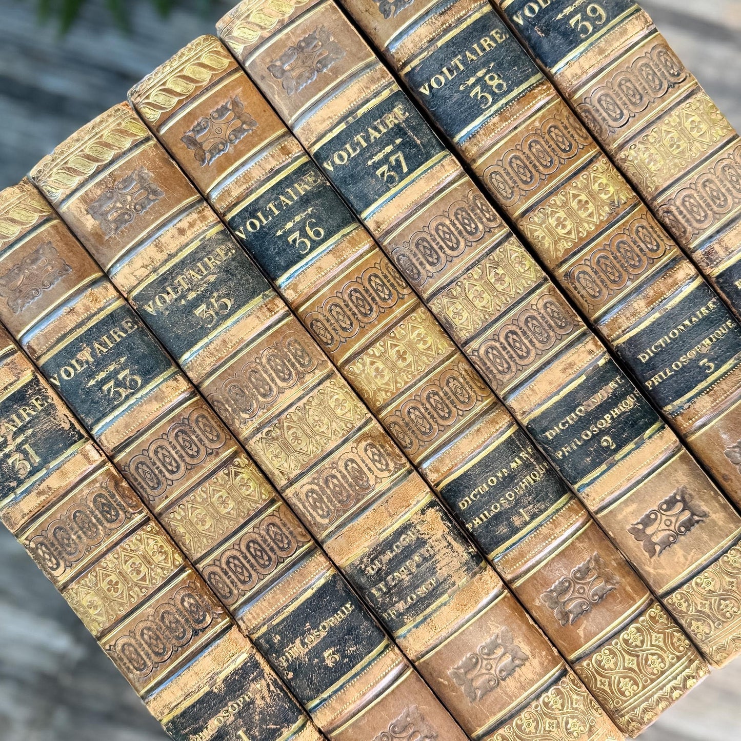 Antique Leather-Bound Voltaire Books in French, 1825, Gold Black and Brown