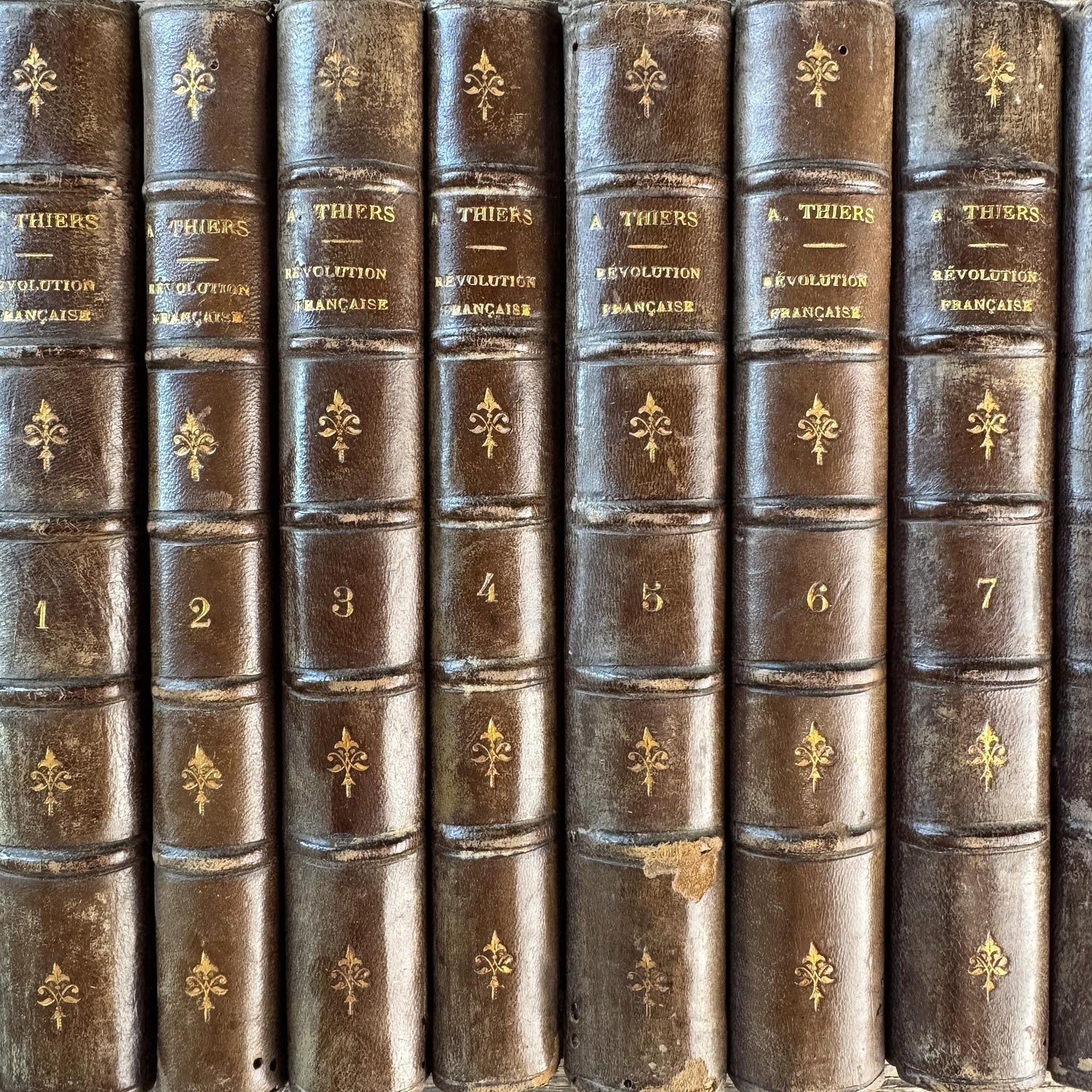 Antique French Leather Book Set, Thiers Histoire de la Révolution Française, 1834, 10 Volumes