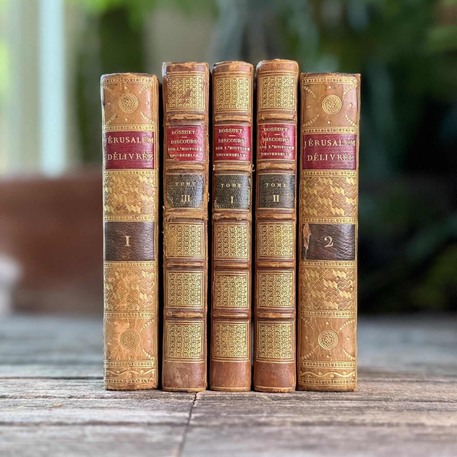 Small Gold Antique French Book Set - Jérusalem Délivrée & Bossuet, 5 Volumes