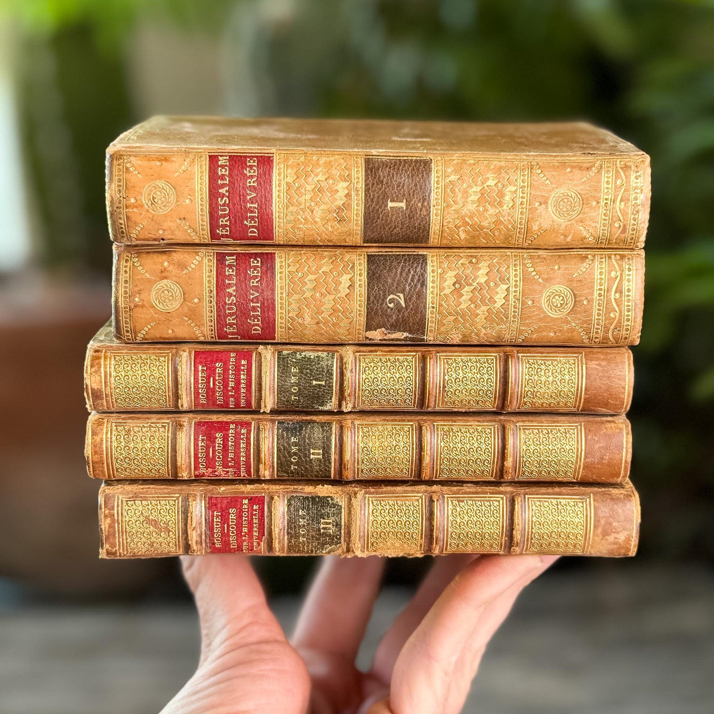 Small Gold Antique French Book Set - Jérusalem Délivrée & Bossuet, 5 Volumes