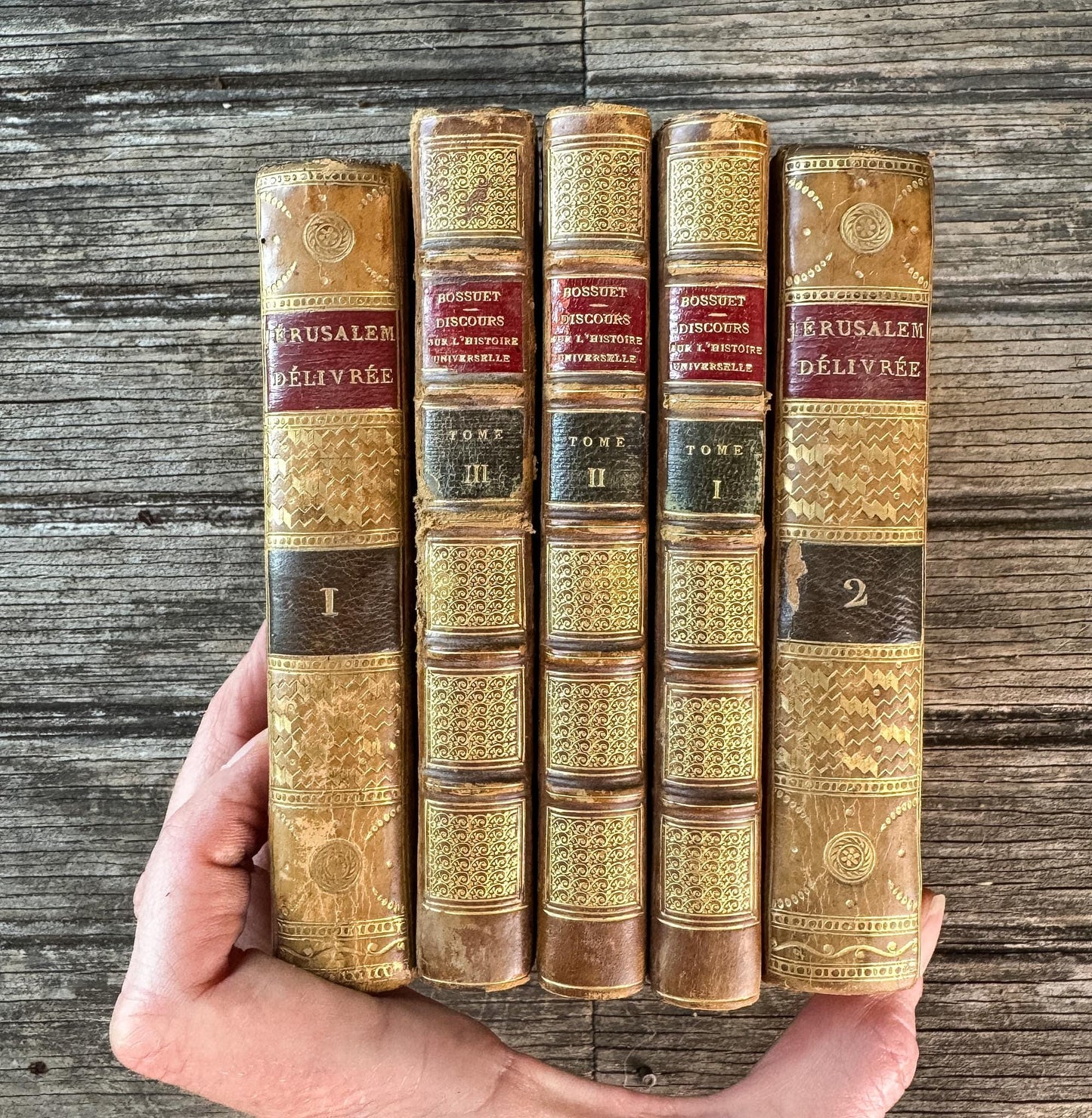Small Gold Antique French Book Set - Jérusalem Délivrée & Bossuet, 5 Volumes