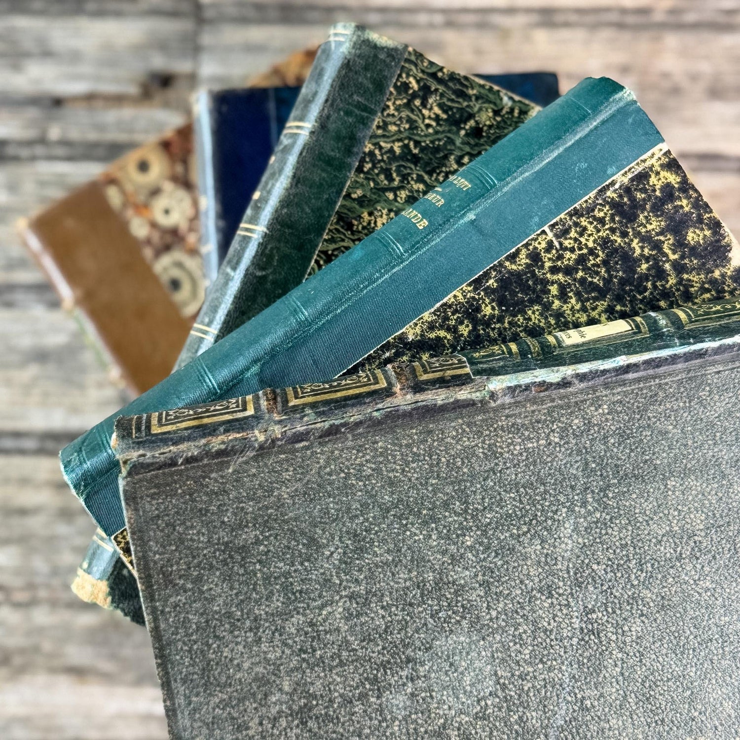 Antique Blue & Green French Leather-Bound Moody Book Bundle