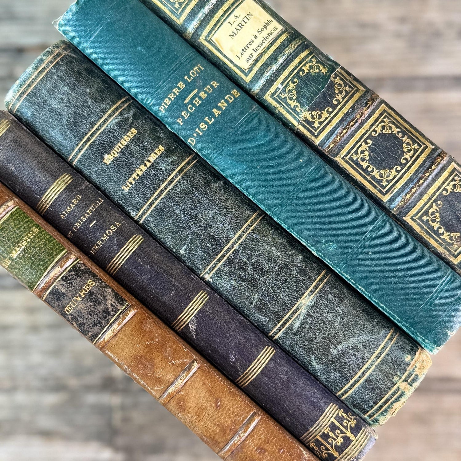 Antique Blue & Green French Leather-Bound Moody Book Bundle