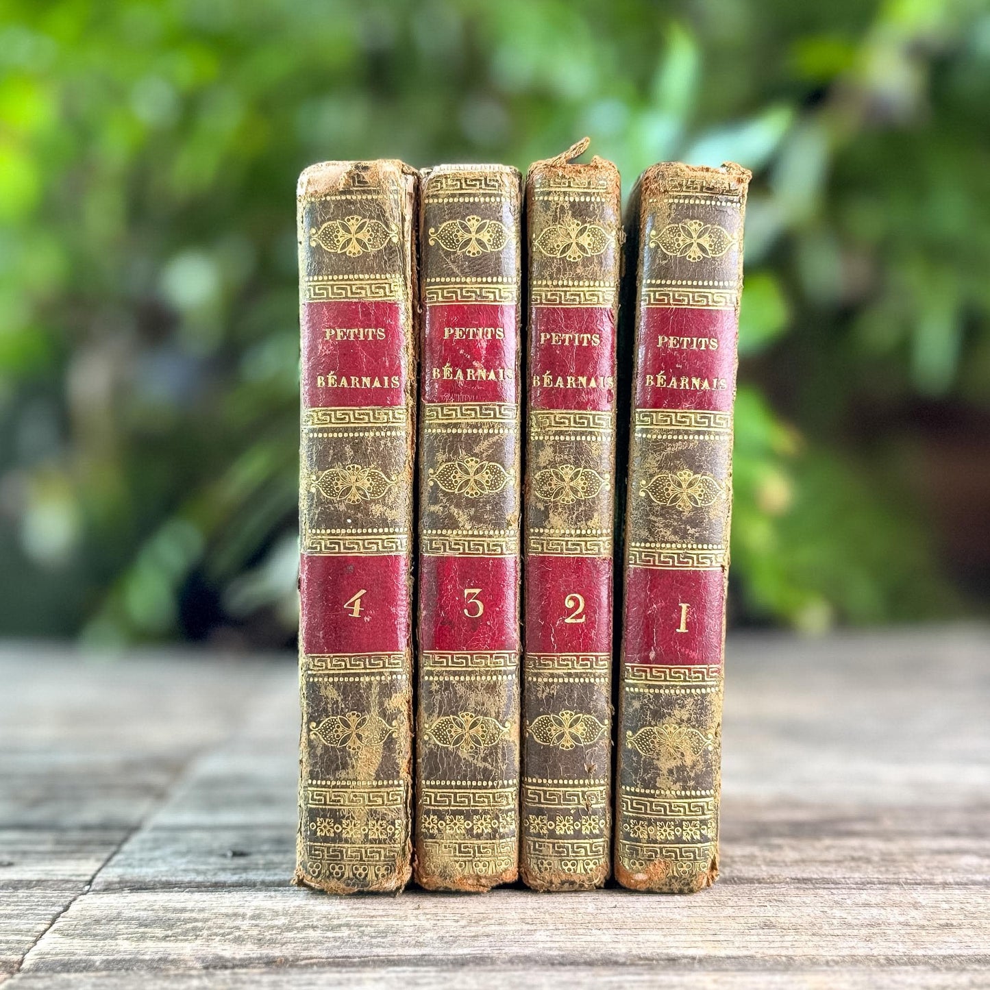 Antique Gold, Black, and Red French Leather Book Set of Les Petits Béarnais by Delafaye, 1824, 4 Volumes